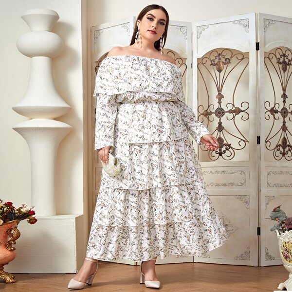 

Plus Plants Print Bardot Layered Maxi Dress, White