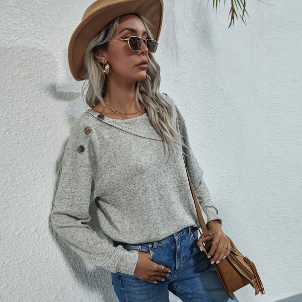 

Drop Shoulder Button Detail Pullover, Light grey