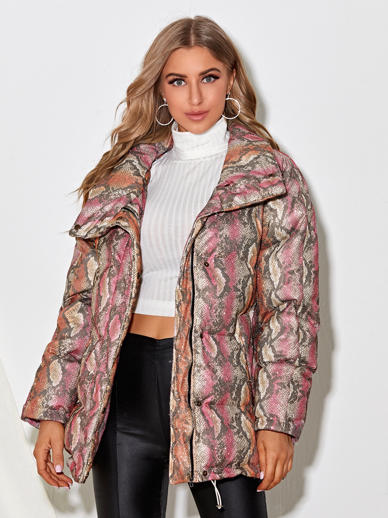 Raglan Sleeve Snakeskin Puffer Coat thumbnail