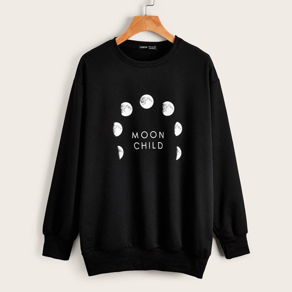 

Drop Shoulder Letter & Moon Graphic Pullover, Black