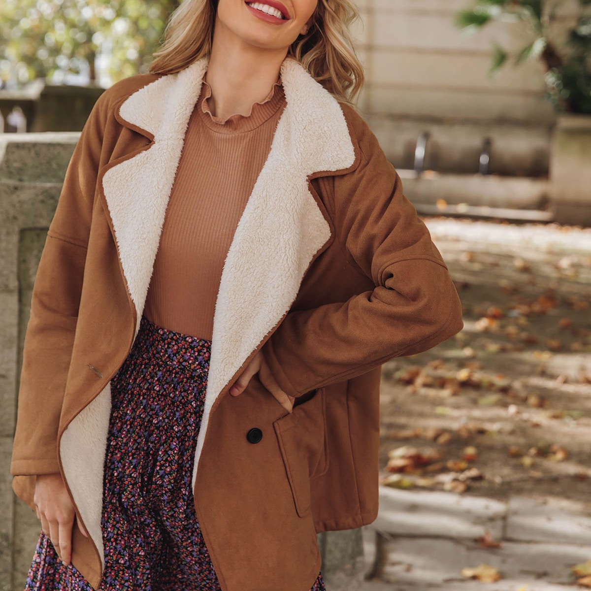 Image of Notch Collar Faux Shearling Lining Double Button Suede Coat