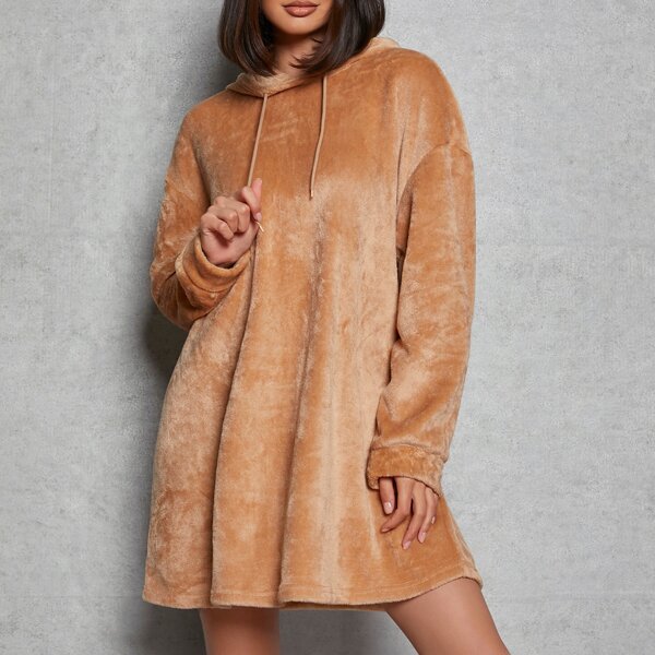

Drop Shoulder Flannel Hoodie Dress, Camel