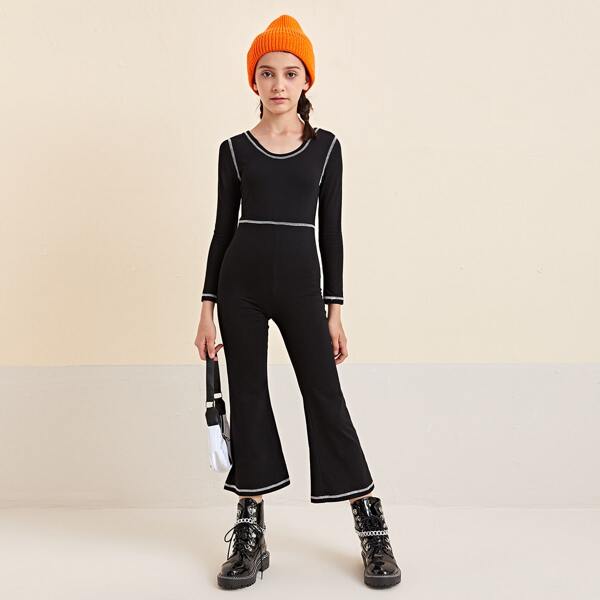 

Girls Contrast Stitch Flare Leg Jumpsuit, Black