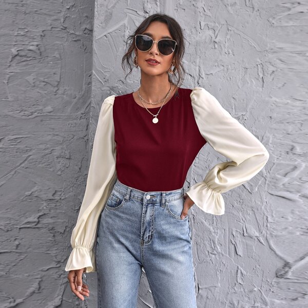 

Flounce Sleeve Two Tone Top, Multicolor