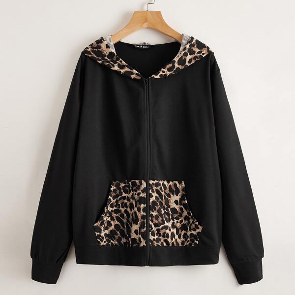 

Zipper Front Leopard Pocket Sweatshirt, Black