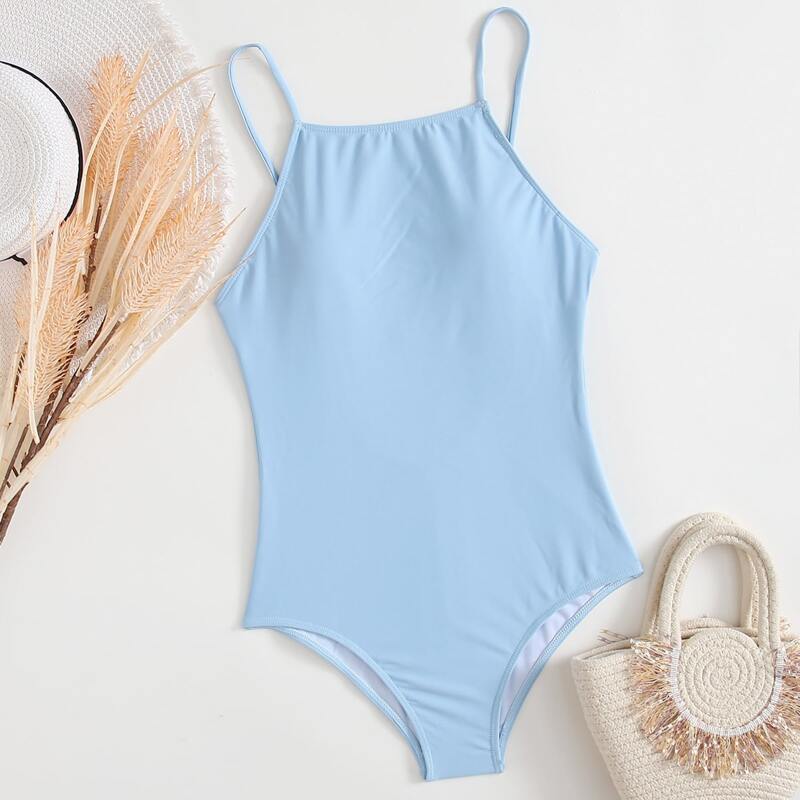 

Solid One Piece Swimsuit, Baby blue
