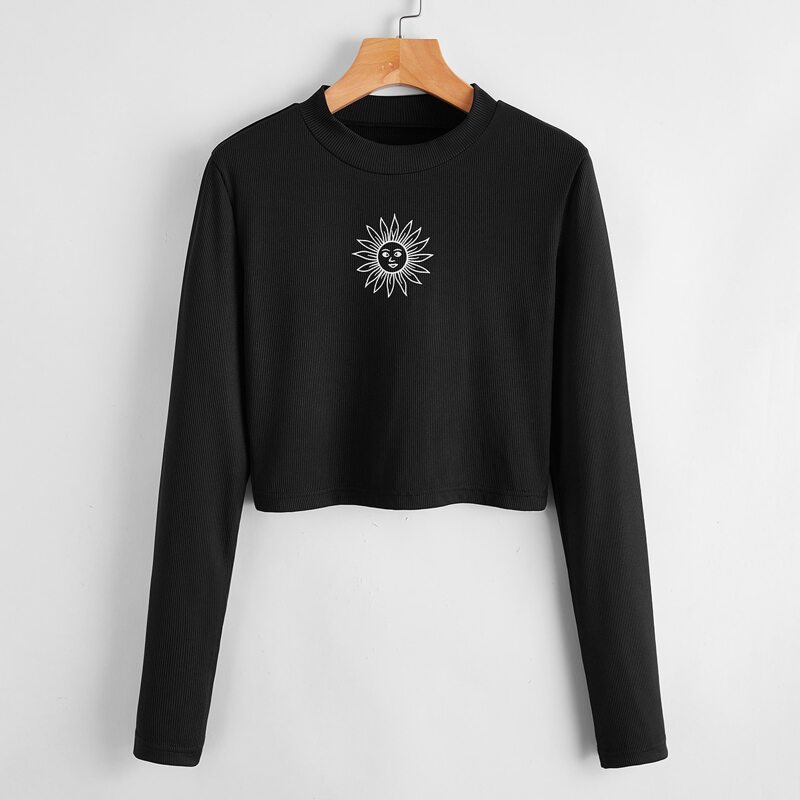 

Sun Graphic Rib Crop Top, Black