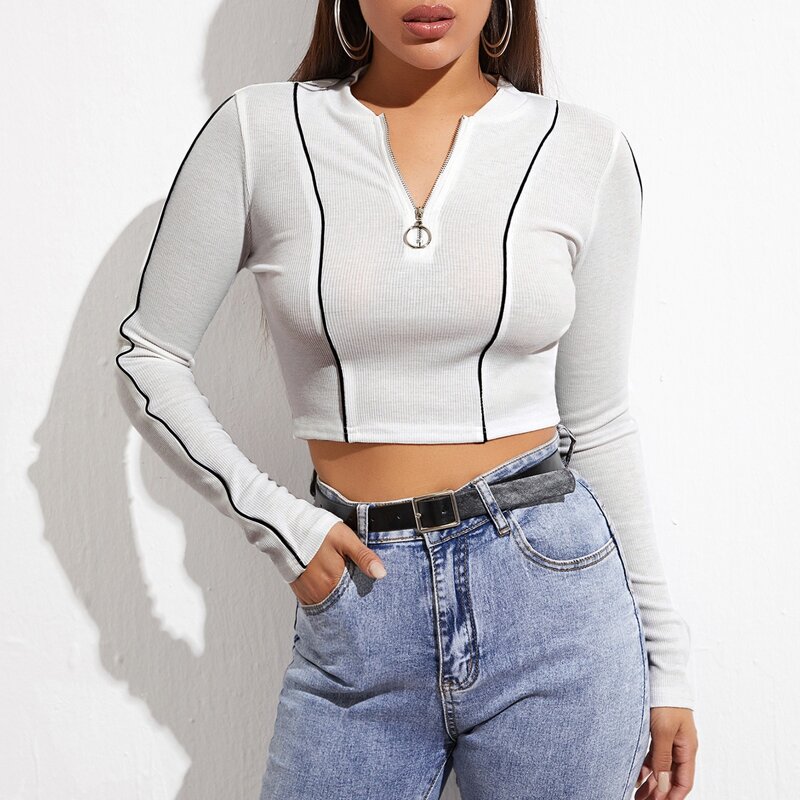 

O-ring Zipper Half Placket Contrast Piping Crop Tee, White