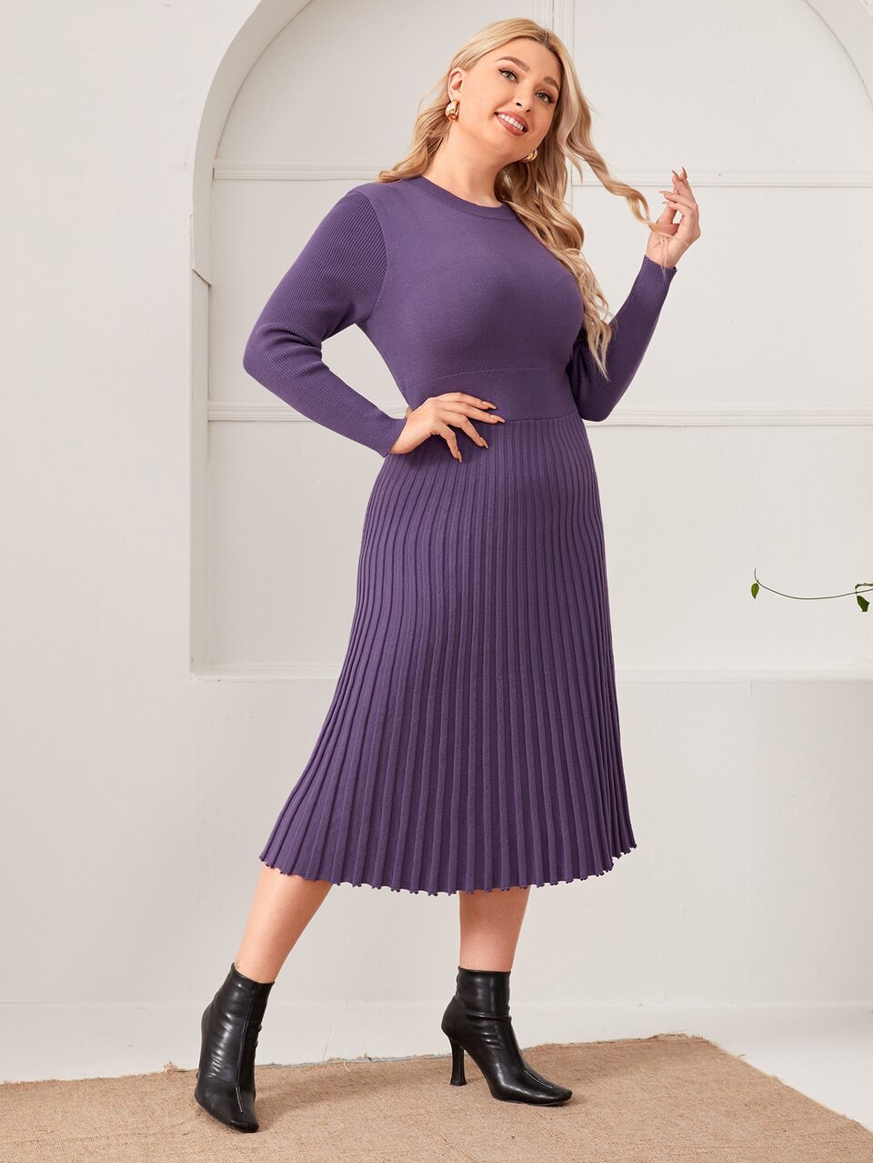 Plus Solid Pleated Sweater Dress