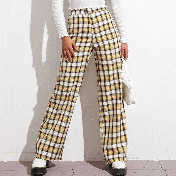 

Button Waist Tartan Pants, Multicolor