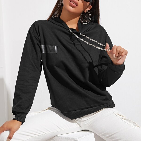 

Chain Detail Solid Hoodie, Black