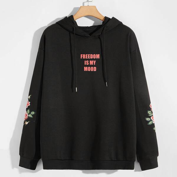 

Men Slogan & Floral Print Drop Shoulder Hoodie, Black