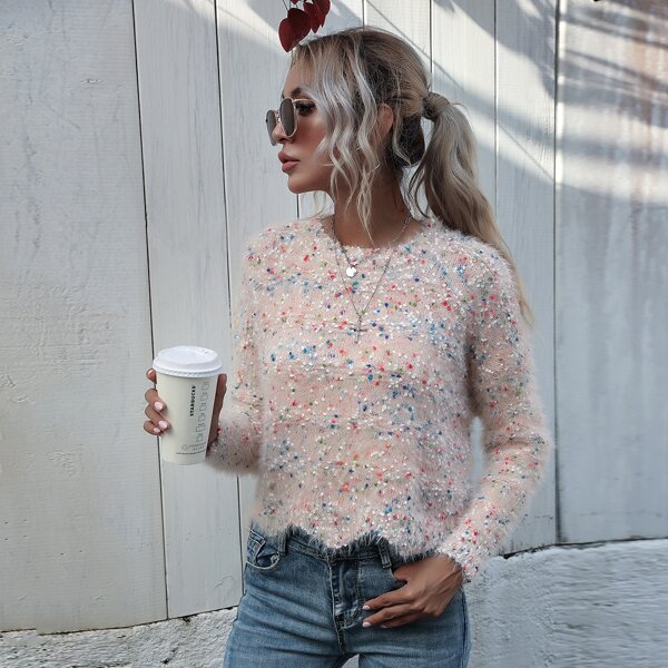 

Allover Print Fluffy Knit Scallop Sweater, Baby pink