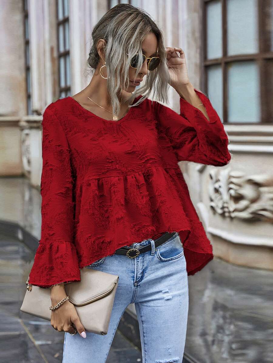 Camisa ajustada irregular mullida unicolor - Burdeos - Ver 1