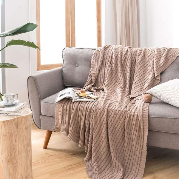 

1pc Twist Knitted Blanket, Apricot