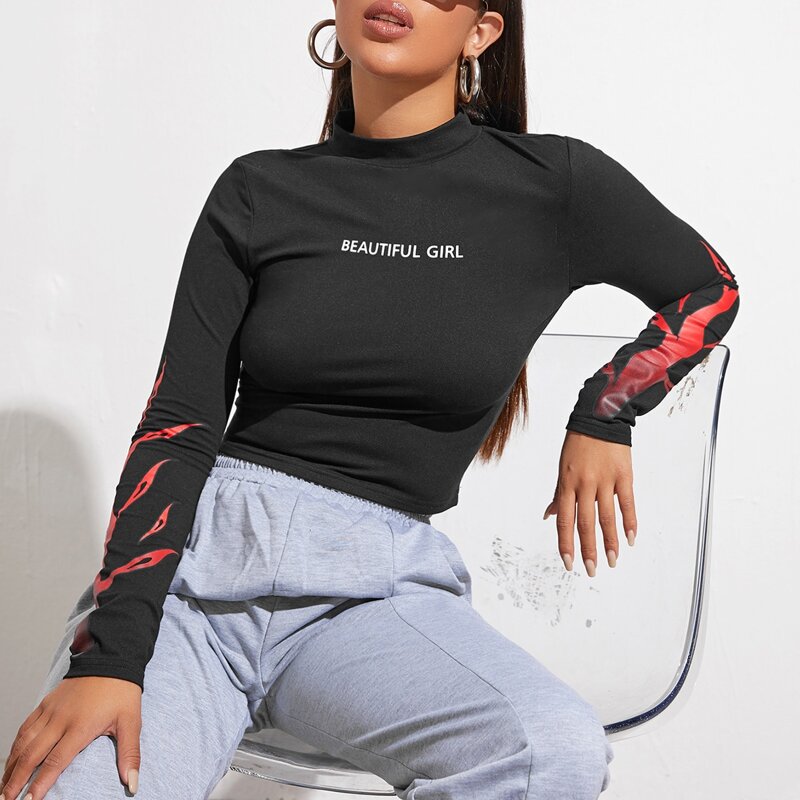 

Mock Neck Letter & Fire Graphic Crop Tee, Black