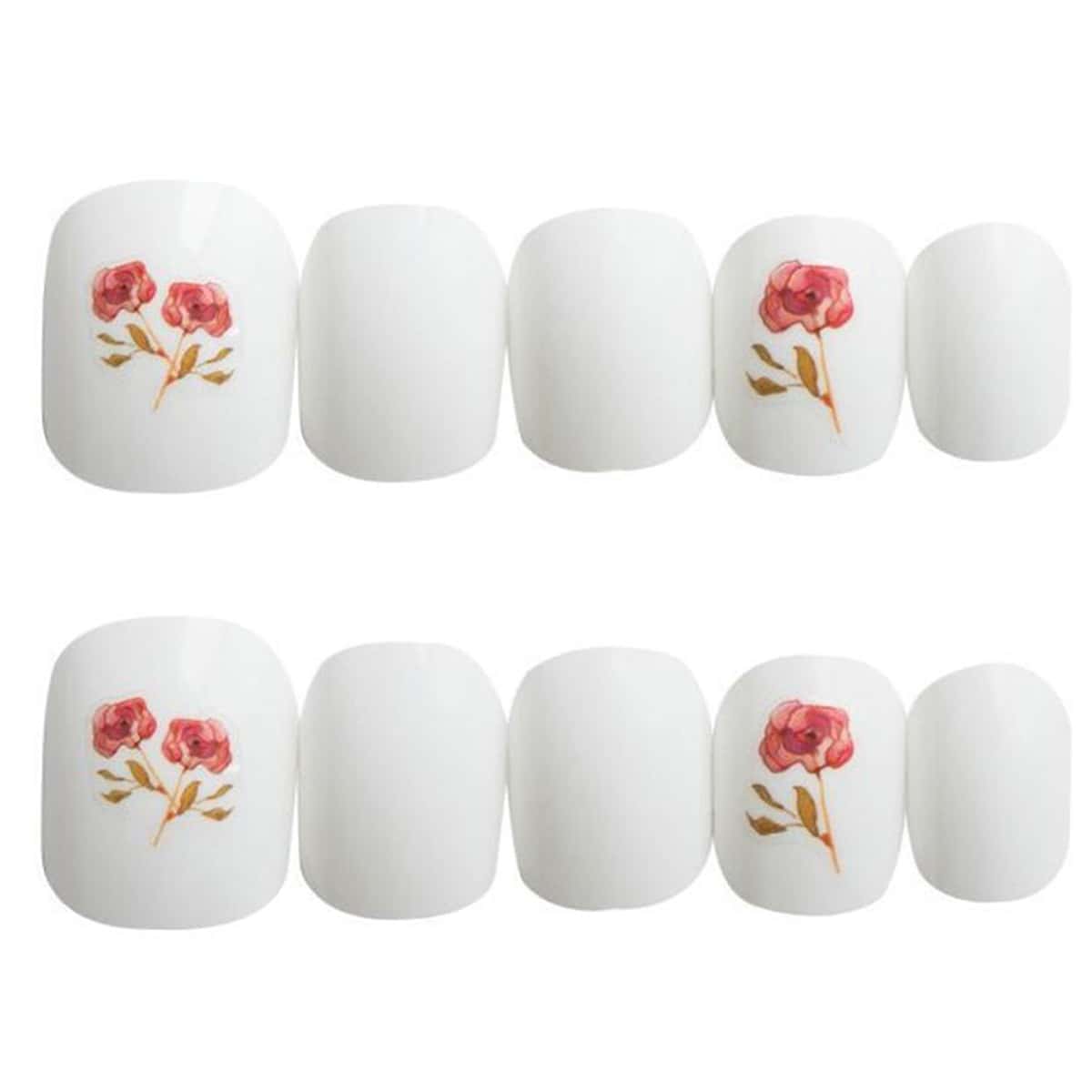 24pcs Rose Pattern Fake Nail & 1sheet Tape, White