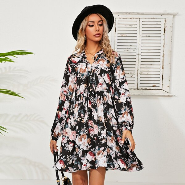 

Tie Neck Bishop Sleeve Floral Dress, Multicolor