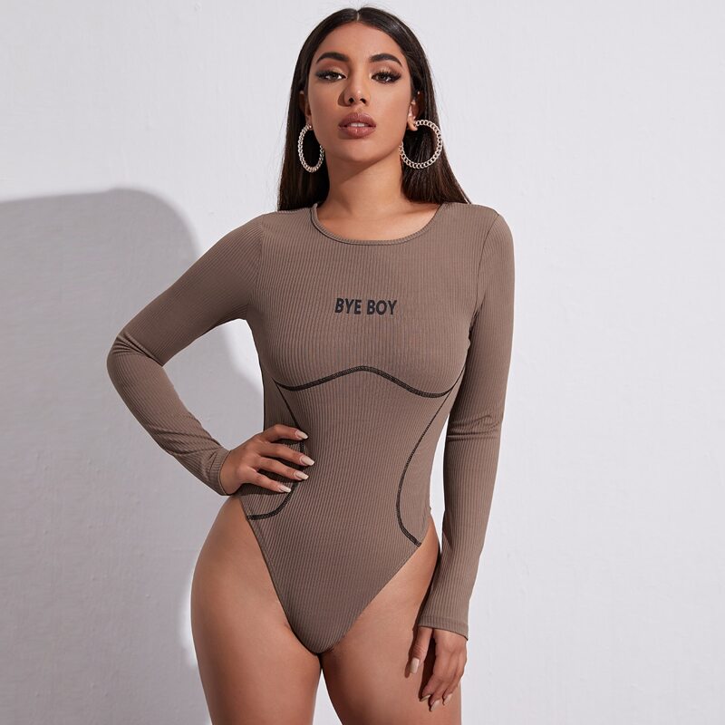 

Letter Graphic Contrast Stitch Rib-knit Bodysuit, Mocha brown
