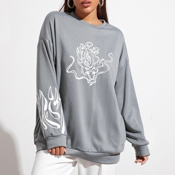 

Chinese Dragon and Fire Print Drop Shoulder Pullover, Grey