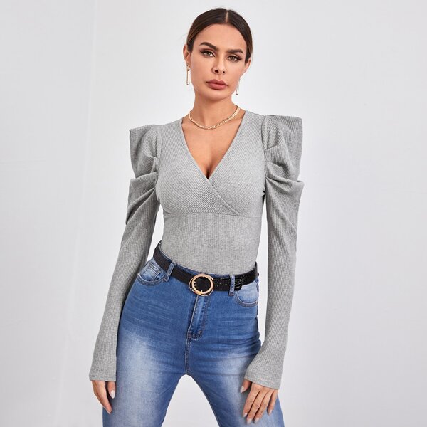 

Surplice Neck Gigot Sleeve Rib-knit Tee, Light grey