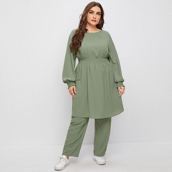 

Plus Shirred Panel Lantern Sleeve Longline Top and Pants Set, Mint green