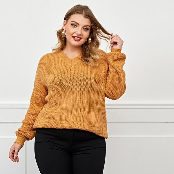 

Plus V-neck Drop Shoulder Sweater, Orange