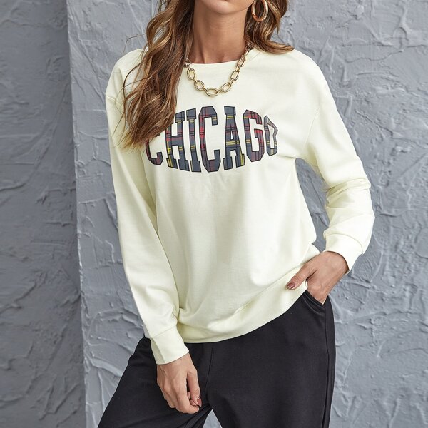 

Drop Shoulder Letter Graphic Pullover, Beige