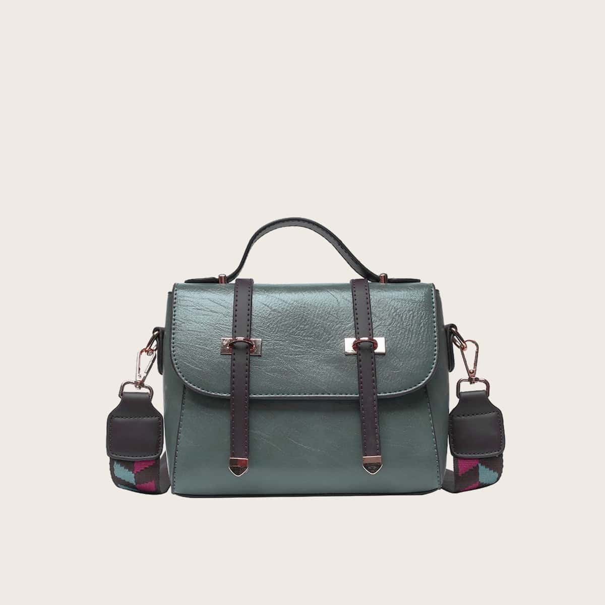 

Geometric Pattern Strap Decor Flap Satchel Bag, Green