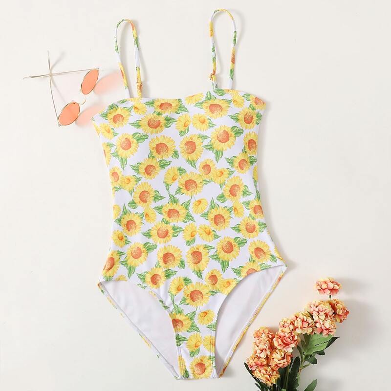 

Sunflower Print One Piece Swimsuit, Yellow