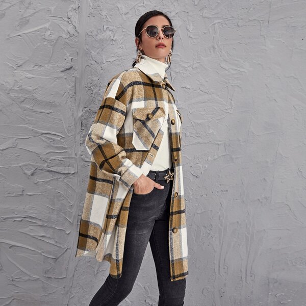

Drop Shoulder Flap Pocket Curved Hem Plaid Coat, Multicolor