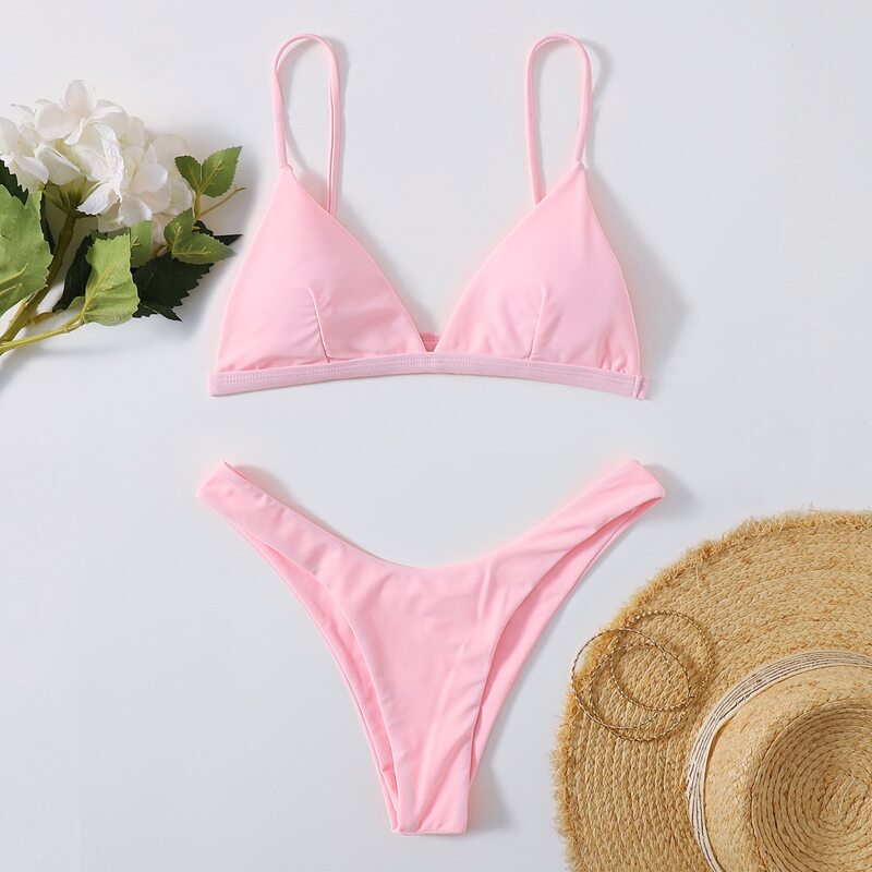 

Solid High Cut Bikini Swimsuit, Baby pink