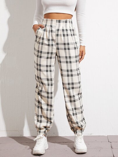 High Waist Fold Pleat Tartan Pants