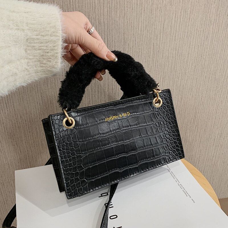 

Croc Embossed Fluffy Handle Satchel Bag, Black
