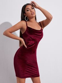 SHEIN BAE 垂褶領天鵝絨洋裝 - 紫紅色 - 查看 5