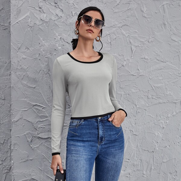 

Rib-knit Ringer Tee, Light grey