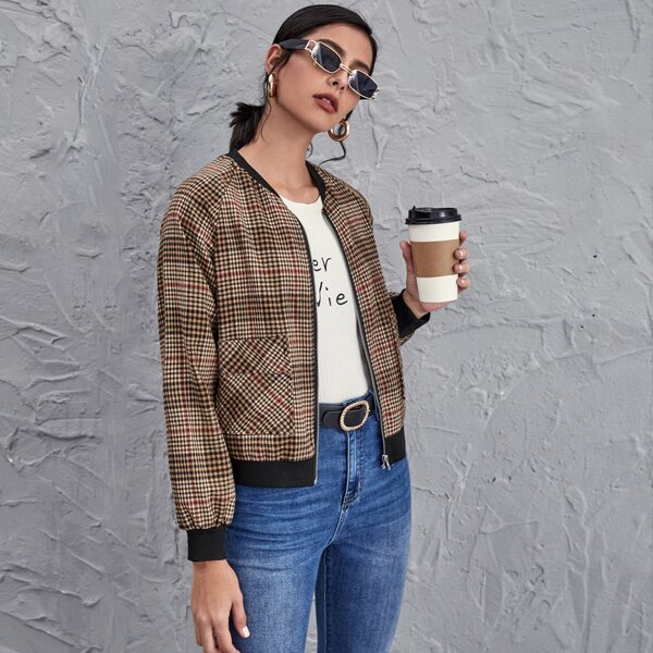 

Drop Shoulder Pocket Front Plaid Bomber Jacket, Multicolor