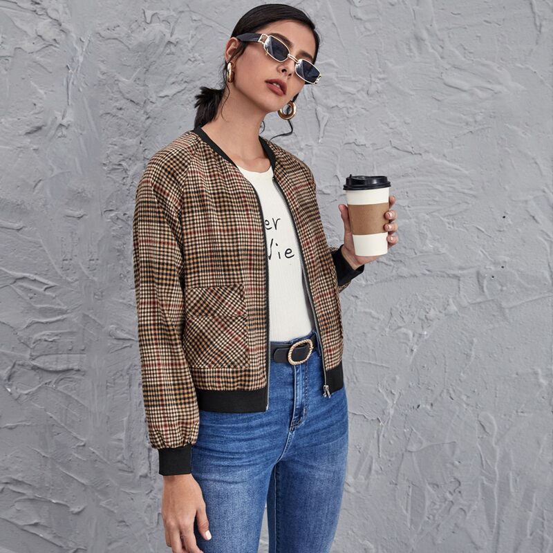 

Drop Shoulder Pocket Front Plaid Bomber Jacket, Multicolor