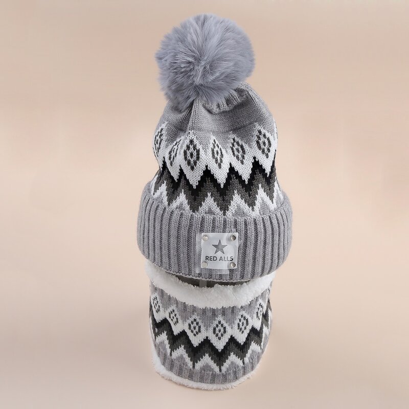 

Geo Pom Pom Beanie & Tube Scarf, Grey