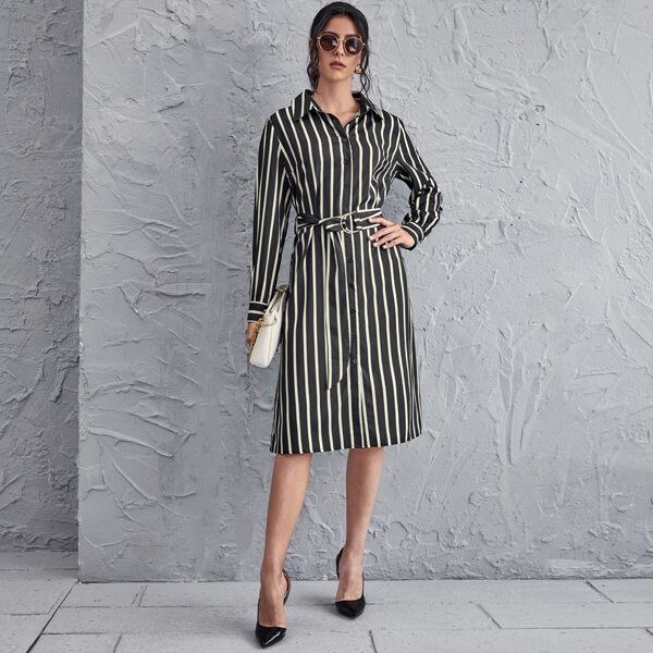 

Self Belted Striped Shirt Dress, Black and white