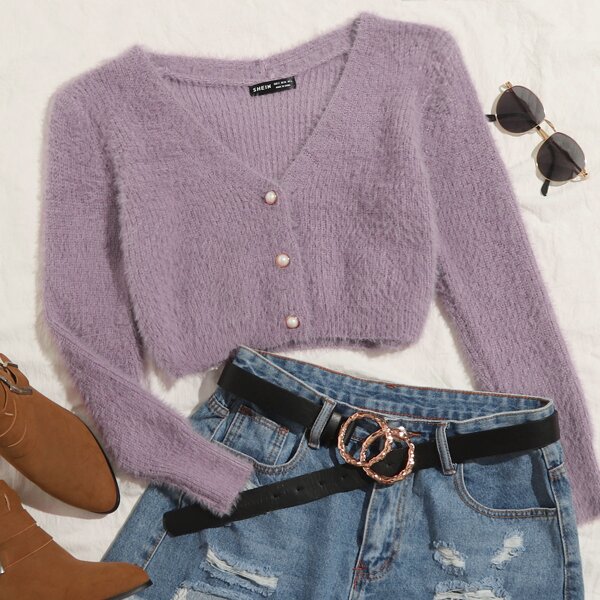 

Pearl Button Up Fuzzy Cardigan, Mauve purple