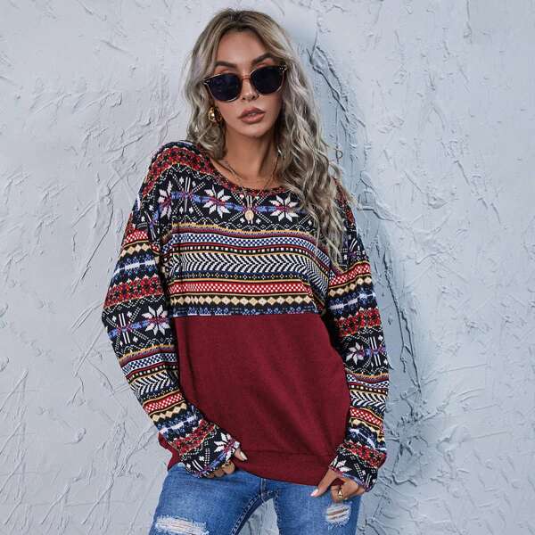 

Geo Print Drop Shoulder Sweatshirt, Burgundy