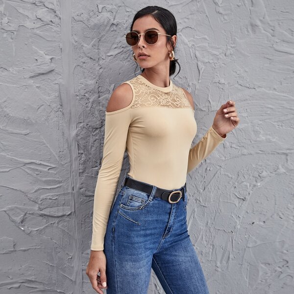 

Sheer Lace Yoke Cold Shoulder Tee, Apricot
