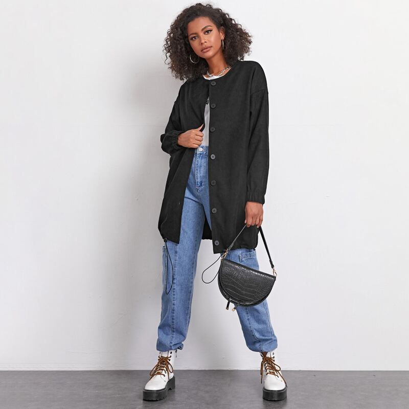 

Drop Shoulder Button Front Suede Coat, Black