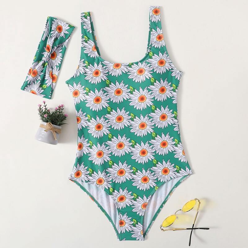 

Floral Cut Out Back One Piece Swimsuit With Headband, Green
