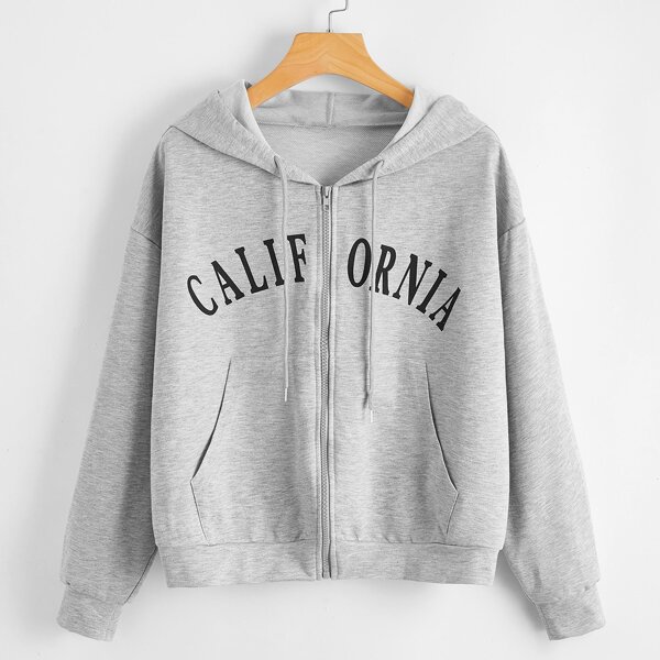 

Drop Shoulder Letter Graphic Zip Up Sweatshirt, Light grey