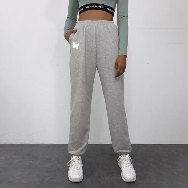 

Reflective Butterfly Print Slant Pocket Joggers, Grey