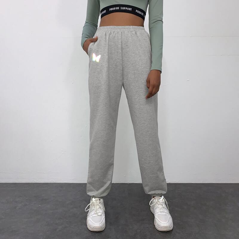 

Reflective Butterfly Print Slant Pocket Joggers, Grey