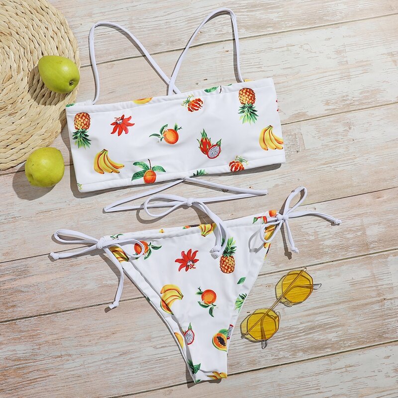 

Fruit Print Tie Side Bikini Swimsuit, White