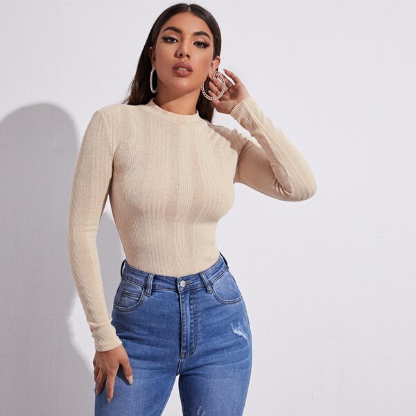

Mock Neck Rib-knit Tee, Beige